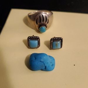 Authentic Sterling Silver and Real Turquoise Bear Paw Ring and Studs